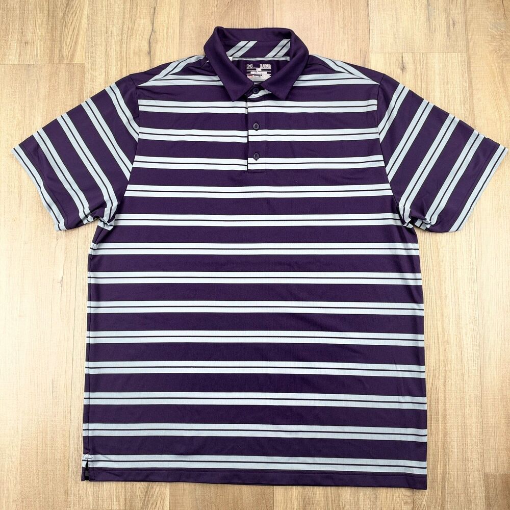 Under Armour Men's XL Purple Gray Striped Golf Polo Collar Heat Gear Shirt